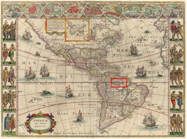 1621 map by Willem Blaeu showing Lake Parime straddling the equator, with 